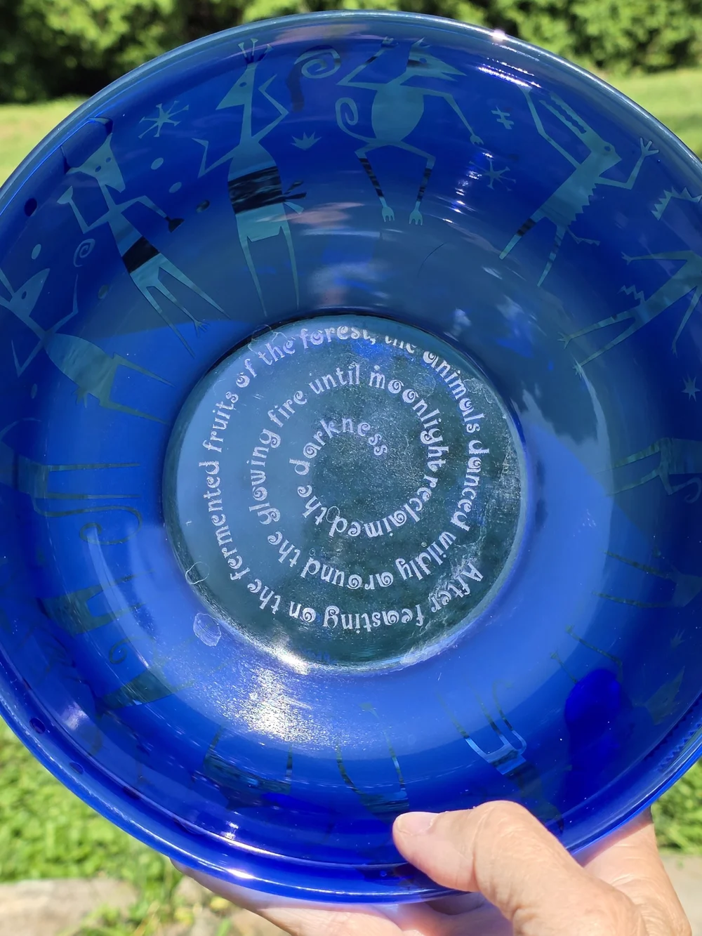 Leandra Drumm Etched Blue Glass Bowl with Whimsical Figures 9